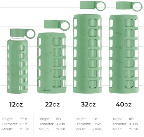 purifyou 40/32/22/12 oz Borosilicate Glass Water Bottles with Volume Markers, Silicone Sleeve, Stainless Steel Lid, Reusable Bottle for Water, Juice, Gym, and Fridge Storage (32oz Shale Green)