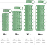 purifyou 40/32/22/12 oz Borosilicate Glass Water Bottles with Volume Markers, Silicone Sleeve, Stainless Steel Lid, Reusable Bottle for Water, Juice, Gym, and Fridge Storage (32oz Shale Green)