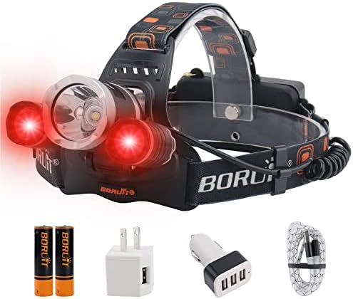 BORUIT RJ-3000 Rechargeabe LED Headlamp Super Bright with Red Light, 3 Modes Super Bright USB Head Lamp IPX4 Waterproof Headlight for Adults USB Outdoor Fishing Camping