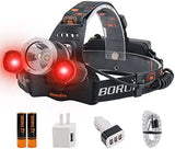 BORUIT RJ-3000 Rechargeabe LED Headlamp Super Bright with Red Light, 3 Modes Super Bright USB Head Lamp IPX4 Waterproof Headlight for Adults USB Outdoor Fishing Camping