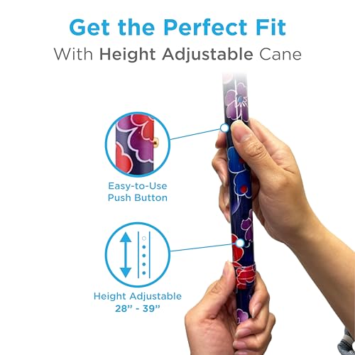 Designer Walking Cane with Offset Handle, Lightweight Adjustable Walking Stick with Carrying Strap, “Maui Flowers Design