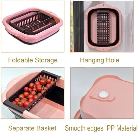 2.77 Gallon (10.5L) Collapsible Dish Basin with Drain Plug, Outdoor Multiuse Foldable Sink Tub, Dishpan, Wash Basin, Portable Kitchen Storage Tray for Camping, RV, Beverage Bucket (Pink)