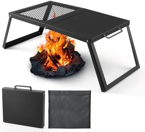 Odoland Folding Campfire Grill, Heavy Duty Steel Mesh Grate with Folding Legs and Storage Bag, Portable Camping Grates, Over Fire Pit Grill Rack for Outdoor Cooking and Bonfire