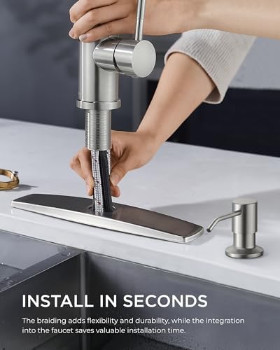 FORIOUS Kitchen Faucets with Soap Dispenser and Pull Down Sprayer, Brushed Nickel, High Arc Single Handle Classic 3 Modes Stainless Steel Faucet for Kitchen Sink Farmhouse RV Bar Laundry Camper