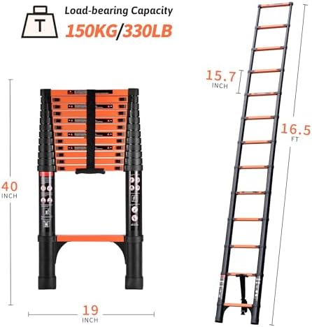16.5FT Telescoping Ladder, Portable Extension Folding Ladder, Multi-Purpose Compact Ladder for Household or Outdoor Work, 330lbs Max Capacity