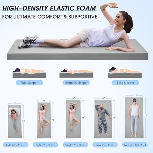 CYMULA Memory Foam Camping Mattress Pad,3inch Sleeping Pad for Camping,Non-Slip Bottom Floor Cot Mattress Bed with Retaining Portable Roll up Mattress Pad Mat for Travel Truck Guest Bed Tent