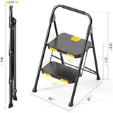 KINGRACK 2 Step Ladder, Sturdy Steel Step Stool with Safe-Lock Design, Handrail, Anti-Slip Wide Pedals, Pass 800lbs Load Testing, Folding Portable Ladder for Multi-Purpose, Home, Kitchen, Black