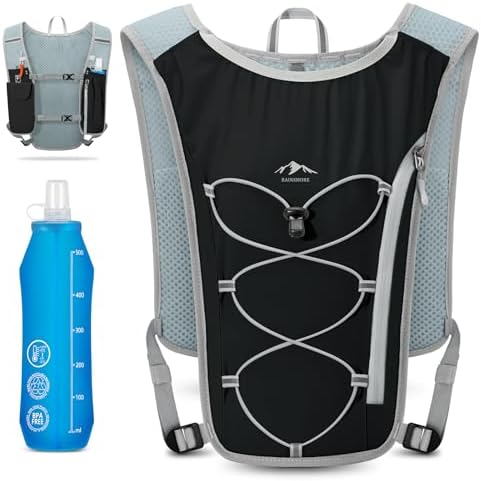 RAINSMORE Running Hydration Vest with 500ml Soft Flask, Waterproof Phone Pocket, Lightweight Hydration Pack, Adjustable No-Bounce Straps for Trail Running, Marathon, Cycling
