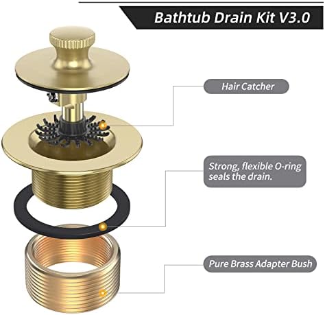 Brushed Gold Bathtub Drain Bath Tub Trim Set Conversion Kit Assembly, All Brass Lift and Turn Twist Tub Drains Replacement Trim Kit with Two-Hole Overflow Faceplate