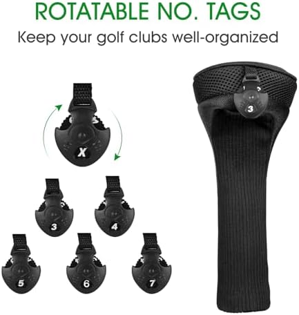 Golf Club Head Covers for Fairway Woods Driver Hybrids 3 Pieces Long Neck Mesh Sports Fan Golf Club Headcovers Set with Interchangeable No. Tags 3 4 5 6 7 X Golf Accessories for Men Women