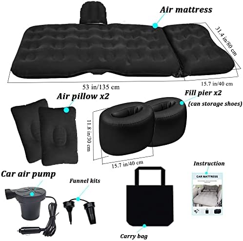 SAYGOGO Inflatable Car Air Mattress Travel Bed - Thickened Camping Bed Sleeping Pad with Car Air Pump 2 Pillows for Car Tent SUV Sedan Pickup Back Seat - Black