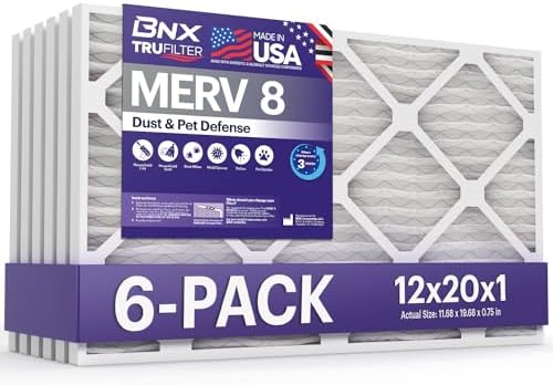 BNX TruFilter 12x20x1 Air Filter MERV 8 (6-Pack) - MADE IN USA – Dust & Pet Defense Pleated Air Conditioner HVAC AC Furnace Filters for Dust, Pet, Mold, Pollen MPR 600 – 700 & FPR 5