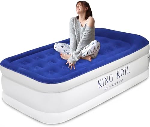 King Koil Luxury Twin Air Mattress with Built-in Pillow Top & Integrated High-Speed Patented Pump – 20" Inflatable Twin Blow Up Airbed for Camping, Home & Guests, Waterproof, 1-Year Warranty
