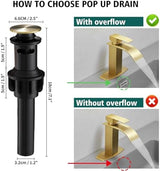 Hoimpro Brushed Gold Waterfall Spout Single Hole Bathroom Faucet, Stainless Steel Single Lever Bathroom Vanity Sink Faucet with Drain, cUPC Hose and Deck Plate