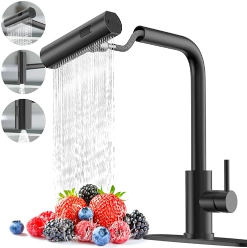 Matte Black Single Hole Kitchen Faucets with Pull Down Sprayer, Single Handle, High Flow Water, Pull Out Tap, Stainless Steel Sink Faucet, Suitable for Farmhouse Camper Laundry Rv Bar
