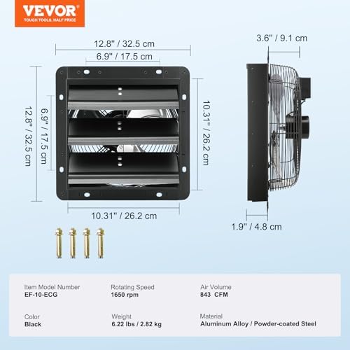 VEVOR Shutter Exhaust Fan, 10'' Wall Mount Attic Fan with Temperature Humidity Controller, 820 CFM, 10-Speed Adjustable, Ventilation and Cooling for Greenhouses, Garages, Chicken Coops, ETL Listed