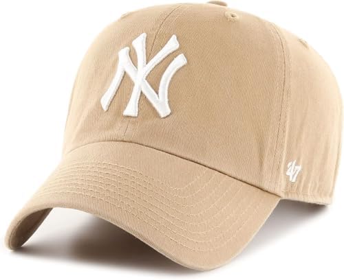 47 Brand MLB Khaki White Primary Logo Clean Up Adjustable Strap Baseball Dad Hat Cap, Adult One Size Fits All