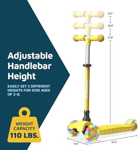 Kids Scooter – Children and Toddler 3 Wheel Kick Scooter – LED Wheel Lights Illuminate When Rolling– Adjustable Handlebar – Indoor and Outdoor