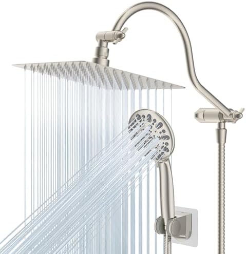 Hibbent All Metal Shower Head, 10'' High Pressure Rainfall Shower Head/Handheld Showerhead Combo/ 12'' Adjustable Curved Shower Extension Arm, 7-Spray, 71'' Hose, Showerhead Holder, Brushed Nickel