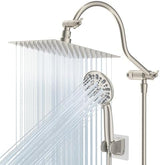 Hibbent All Metal Shower Head, 10'' High Pressure Rainfall Shower Head/Handheld Showerhead Combo/ 12'' Adjustable Curved Shower Extension Arm, 7-Spray, 71'' Hose, Showerhead Holder, Brushed Nickel