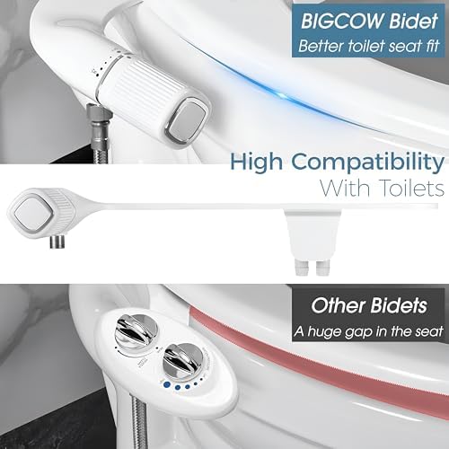 BIGCOW Ultra-Slim Bidet Attachment for Toilet - Dual Nozzle (Frontal & Rear Wash) with Adjustable Cold Water Pressure and Stainless Steel Inlet - Hygienic Solution for Fresh Cleanliness