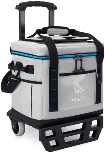 TOURIT Portable 50-Can Collapsible Rolling Soft Cooler with 29L Space & Reinforced All-Terrain Cart with Wheels Easy Transportation, Large Leakproof Travel Beach Ice Chest for Grocery Shopping