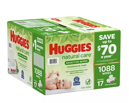 Huggies Natural Care Sensitive Baby Wipes, Unscented, Hypoallergenic, 99% Purified Water, 15 Flip-Top Packs (960 Wipes Total)