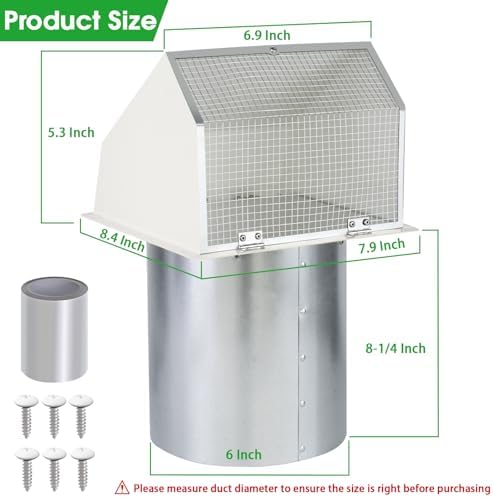 6 Inch Hooded Wall Vent with Screen and Damper,Wall Exhaust Vent Cover Cap,Dryer Vent Cover Outside,External Extractor Wall Vent Hood for House Kitchen Range Hood Air Ventilation,Galvanized Steel,Whit