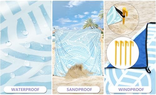 Beach Blanket Waterproof Sandproof Beach Mat 79" X 83" /10'x9'for 2-8 Adults Quick Drying Outdoor Picnic Mat Beach Accessories for Travel, Camping, Hiking