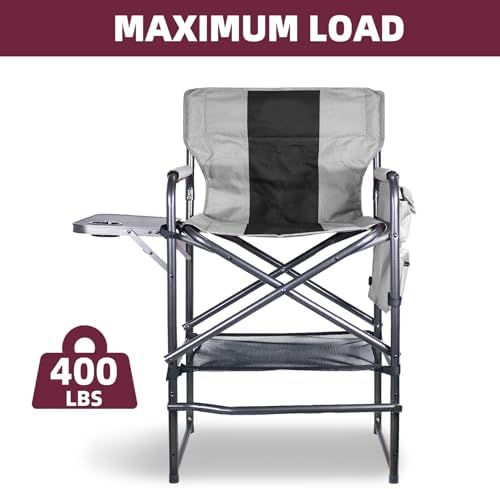 30" Tall Directors Chair with Side Table, 400LBS Bar Height Folding Camping Chair for Makeup Artists, Outdoor Events, Portable Foldable Chair with Cup Holder & footrest - Gray/Black