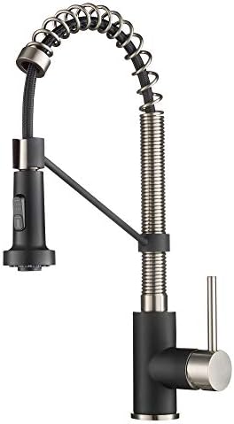 KRAUS Bolden 18-Inch Single Handle Spot Free Stainless Steel/Matte Black Commercial Style Pull-Down Kitchen Faucet with Dual Function Sprayer, KPF-1610SFSMB (Pack of 1)