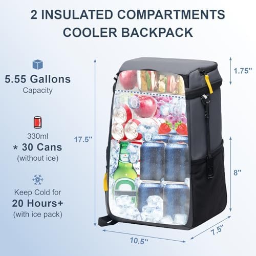 Backpack Cooler Insulated Leak Proof 30/45 Cans, 2 Insulated Compartments Thermal Bag, Portable Lightweight Beach Travel Camping Lunch Backpack for Men and Women