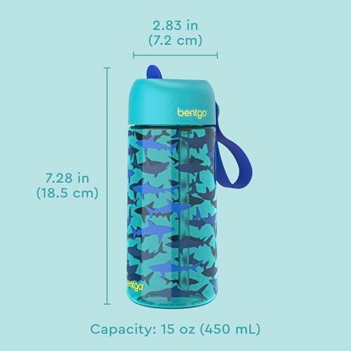Bentgo Kids Water Bottle - Leak-Proof, Durable Tritan, BPA-Free 15 oz. Cup for Kids/Toddlers Ages 3+, Safe Sip Spout, Carrying Handle, & Dishwasher Safe for School, Sports, Daycare & Camp (Sharks)