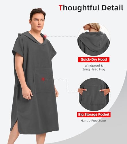 Abahub Surf Poncho Men & Women Towel Poncho Adult with Hood, Thick Quick Dry Changing Poncho Towel, Microfiber Wearable Cover Up for Surfing Beach Swim - Absorbent Changing Towel L (Grey)