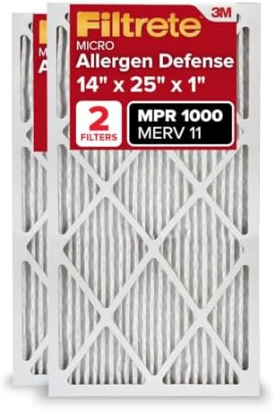 Filtrete 14x25x1 AC Furnace Air Filter, MERV 11, MPR 1000, Micro Allergen Defense, 3-Month Pleated 1-Inch Electrostatic Air Cleaning Filter, 2 Pack (Actual Size 13.781 x 24.781 x 0.84 in)