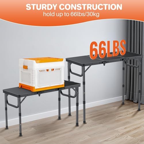 FUNYKICH 3ft Camping Folding Table with 3 Adjustable Height, Portable Picnic Tables, 34.2'' Lx15.7'' W Lightweight Aluminum Outdoor Table with Carry Handle for Camping, Picnic, Backyard, BBQ, Black