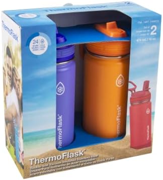 ThermoFlask Kids Bottle with Straw Lid - Durable & Dishwasher-Safe Water Bottles & Lids - Leak-Proof Bottle Lid Design - Reusable Water Bottles for Everyday Use - 16 oz, Purple/Orange (2 Pack)