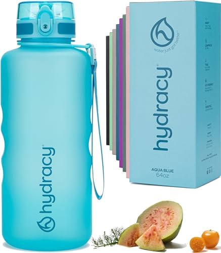 Hydracy Water Bottle with Time Marker -Large BPA Free Water Bottle & No Sweat Sleeve -Leak Proof Gym Bottle with Fruit Infuser Strainer & Times to Drink -Ideal for Fitness Sports & Outdoors