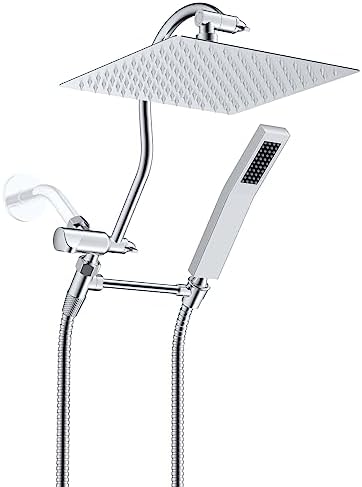 Hibbent All Metal Shower Head, 10'' High Pressure Rainfall Shower Head, Showerhead Combo, Handheld Shower Wand, 12'' Adjustable Curved Shower Extension Arm, 71'' Hose, Shower Head Holder, Chrome