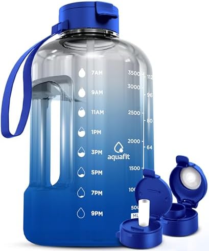 AQUAFIT 1 Gallon Water Bottle With Times To Drink - 128 oz Water Bottle With Straw - Motivational Large Sports Water Bottle With Time Marker - Gym Water Jug