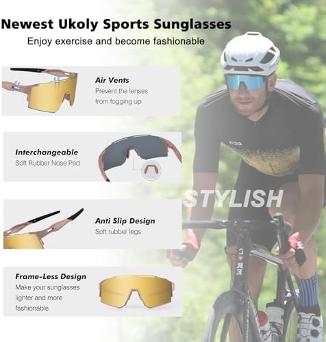 Ukoly Cycling Sunglasses for Men Women with 3 Interchangeable Lenses, Polarized Sports Sunglasses, Baseball Sunglasses