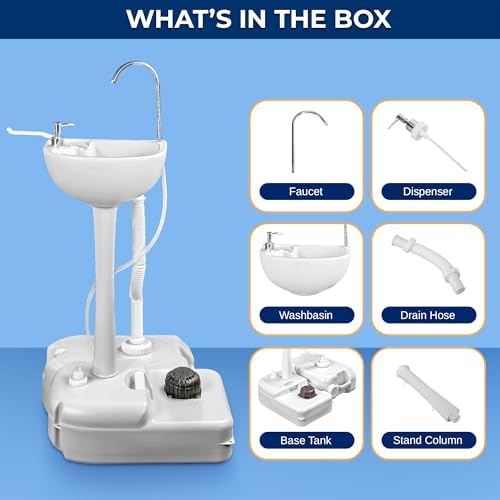 SereneLife Portable Camping Sink with 5 Gallon Water Tank, 6.4 Gallon Waste Tank, Hands-Free Foot Pump, Soap Dispenser & Towel Holder – Perfect for Camping, Worksites, Outdoors