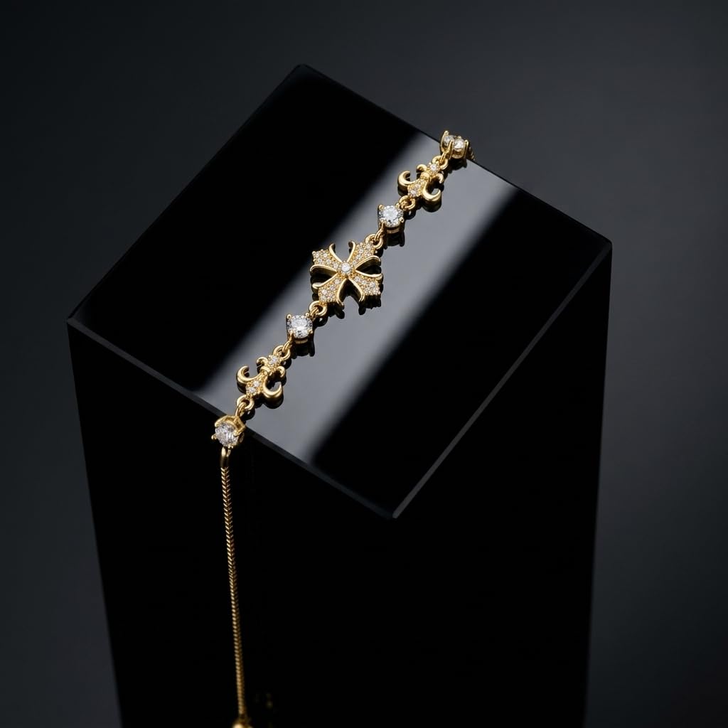 14K Gold Bracelet for Women | Cross Charm, Adjustable Slider-2Pcs