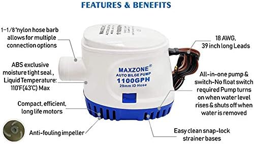 Submersible Boat Bilge Water Pump 12v 1100gph Automatic Marine Bilge Pump for Ponds, Pools, Spas Silent, Boat Caravan RV Submersible