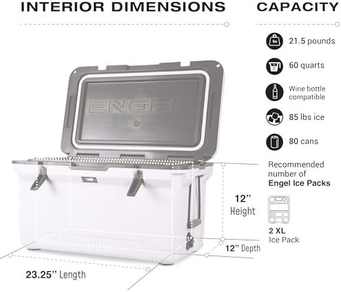 ENGEL 60 QT Ultra-Light Injection Molded Cooler - Ice Chest Keeps Ice up to 7 Days - Large Cooler Includes Wire Basket, Divider and Built-in Bottle Opener