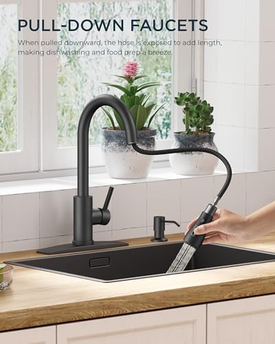 FORIOUS Black Kitchen Faucet with Soap Dispenser and Pull Down Sprayer, High Arc Single Handle Classic 3 Modes Stainless Steel Faucet for Kitchen Sink Farmhouse RV Bar Laundry Camper