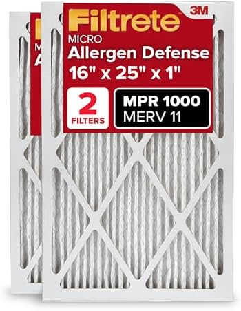 Filtrete 16x25x1 AC Furnace Air Filter, MERV 11, MPR 1000, Micro Allergen Defense, 3-Month Pleated 1-Inch Electrostatic Air Cleaning Filter, 2 Pack (Actual Size 15.719 x 24.72 x 0.84 in)