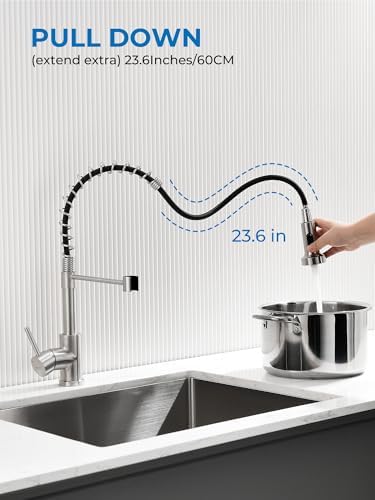 WEWE Kitchen Sink Faucet, Kitchen Faucets with Pull Down Sprayer Stainless Steel Single Handle Single Hole Brushed Nickel Commercial Industrial Spring Pull Out Laundry Farmhouse Kitchen Faucet