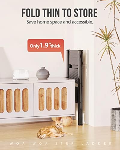 WOA WOA 3 Step Ladder, Foldable Step Stool, Aluminum Lightweight Ladder for Home Kitchen Closet, Anti-Slip Pedals, Ease of Folding, Portable, 300lbs Capacity - Black