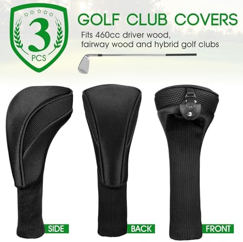Golf Club Head Covers for Fairway Woods Driver Hybrids 3 Pieces Long Neck Mesh Sports Fan Golf Club Headcovers Set with Interchangeable No. Tags 3 4 5 6 7 X Golf Accessories for Men Women